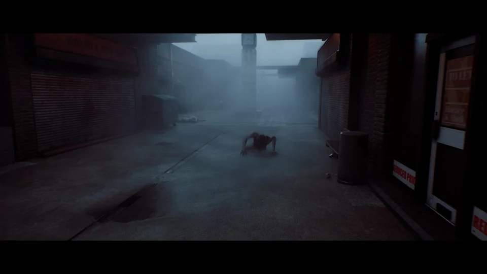 A creature crouches in the middle of a foggy shopping street