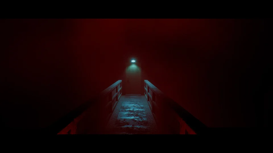 A narrow walkway leads through red fog toward a light