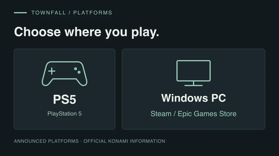 Platform diagram showing PlayStation 5 and Windows PC, with Steam and Epic Games Store listed for PC