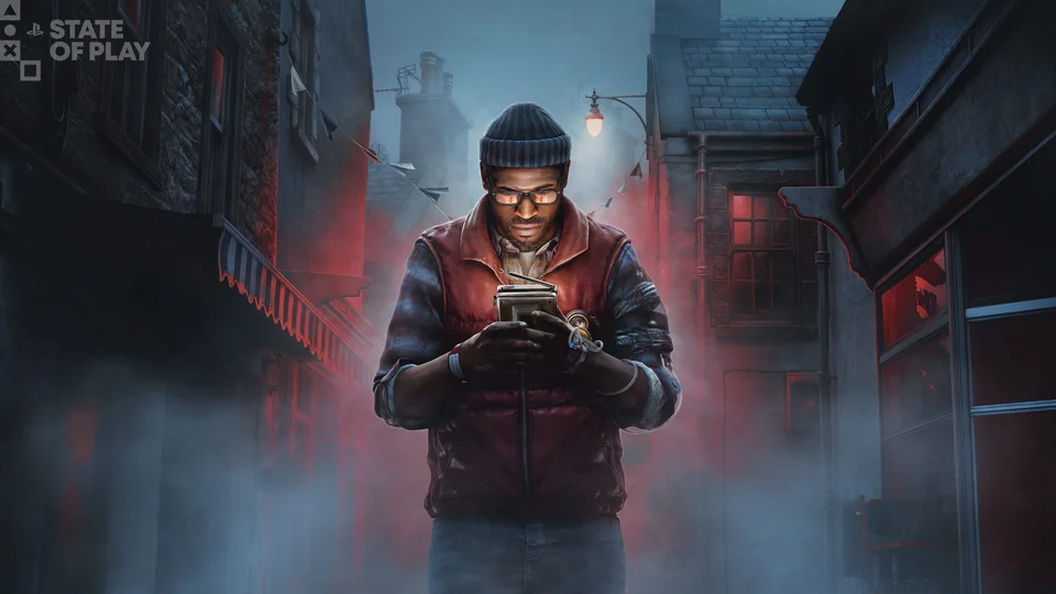 Simon holds the CRTV in a foggy street beneath the State of Play mark