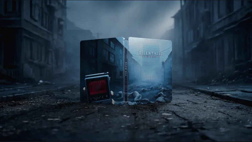 An open Townfall SteelBook case with foggy street artwork on the front and a CRTV on the back